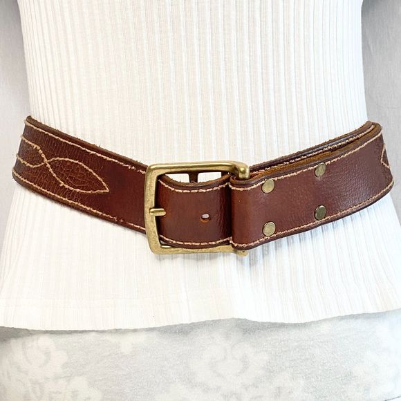 Lucky Brand Belt Mens 32 Medium Rugged Chestnut Brown Leather Contrast Stitch - Picture 2 of 15
